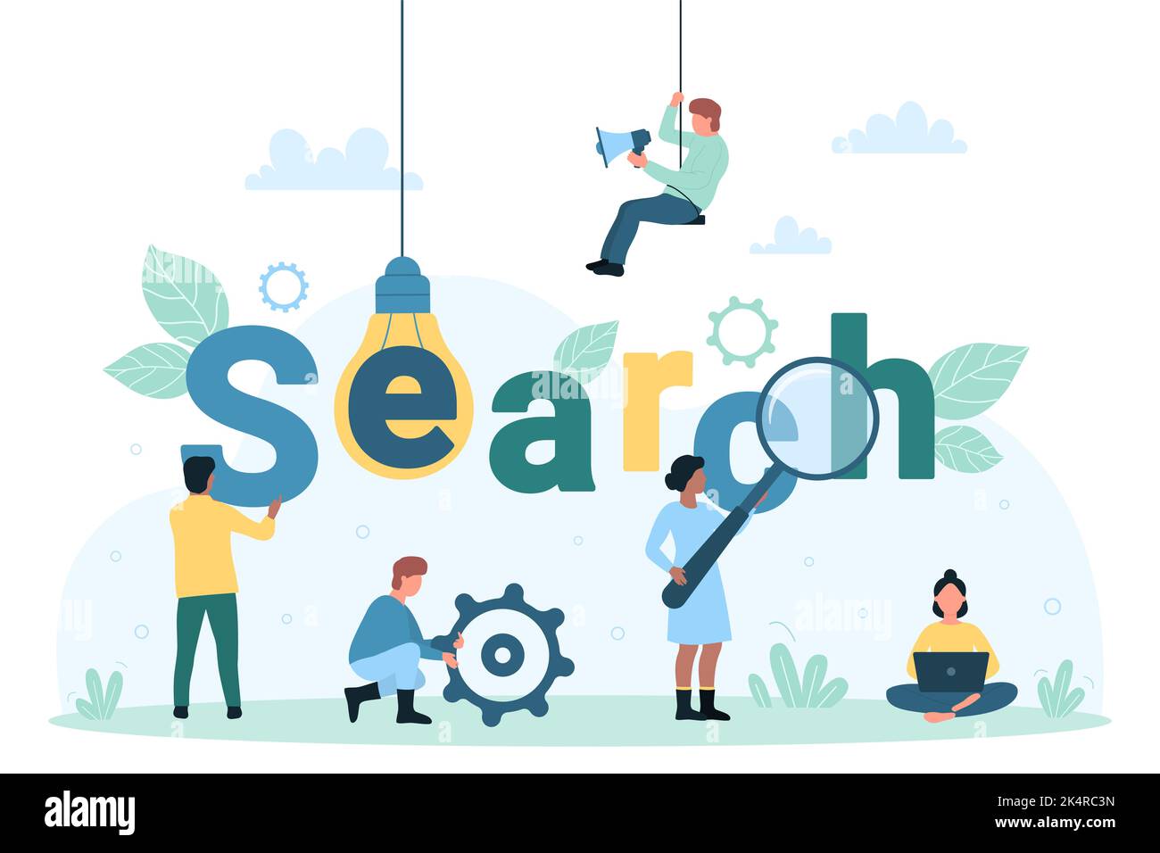 Web search, analytics and algorithms vector illustration. Cartoon tiny people look through magnifying glass at search lettering, user characters explore internet and find information in website Stock Vector