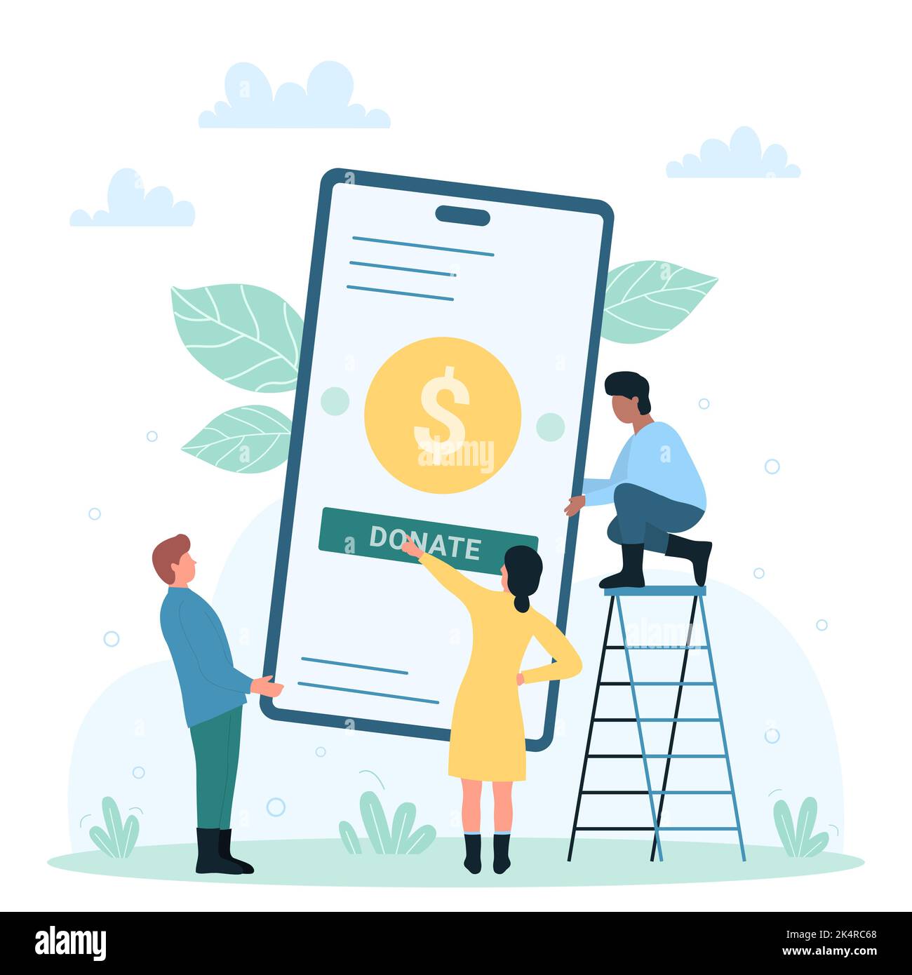 Online charity, donation mobile app with donate button vector illustration. Cartoon tiny volunteers donate money, fast fundraising for humanitarian aid and help, application of nonprofit fund Stock Vector