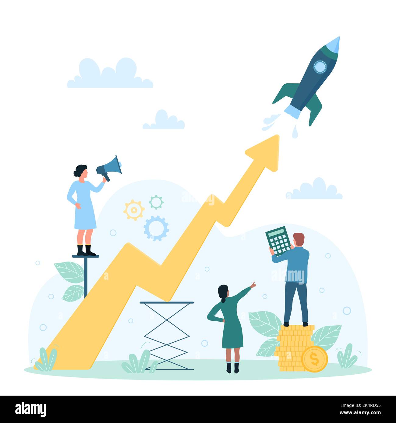 Success business startup vector illustration. Cartoon tiny people launch fast rocket with chart arrow growth, entrepreneur characters start new ideas, power breakthrough of innovation project Stock Vector