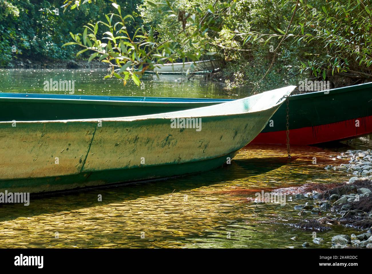 Small traditional wooden boats on the calm river water close to the coast. Rural transportation and fishing Stock Photo