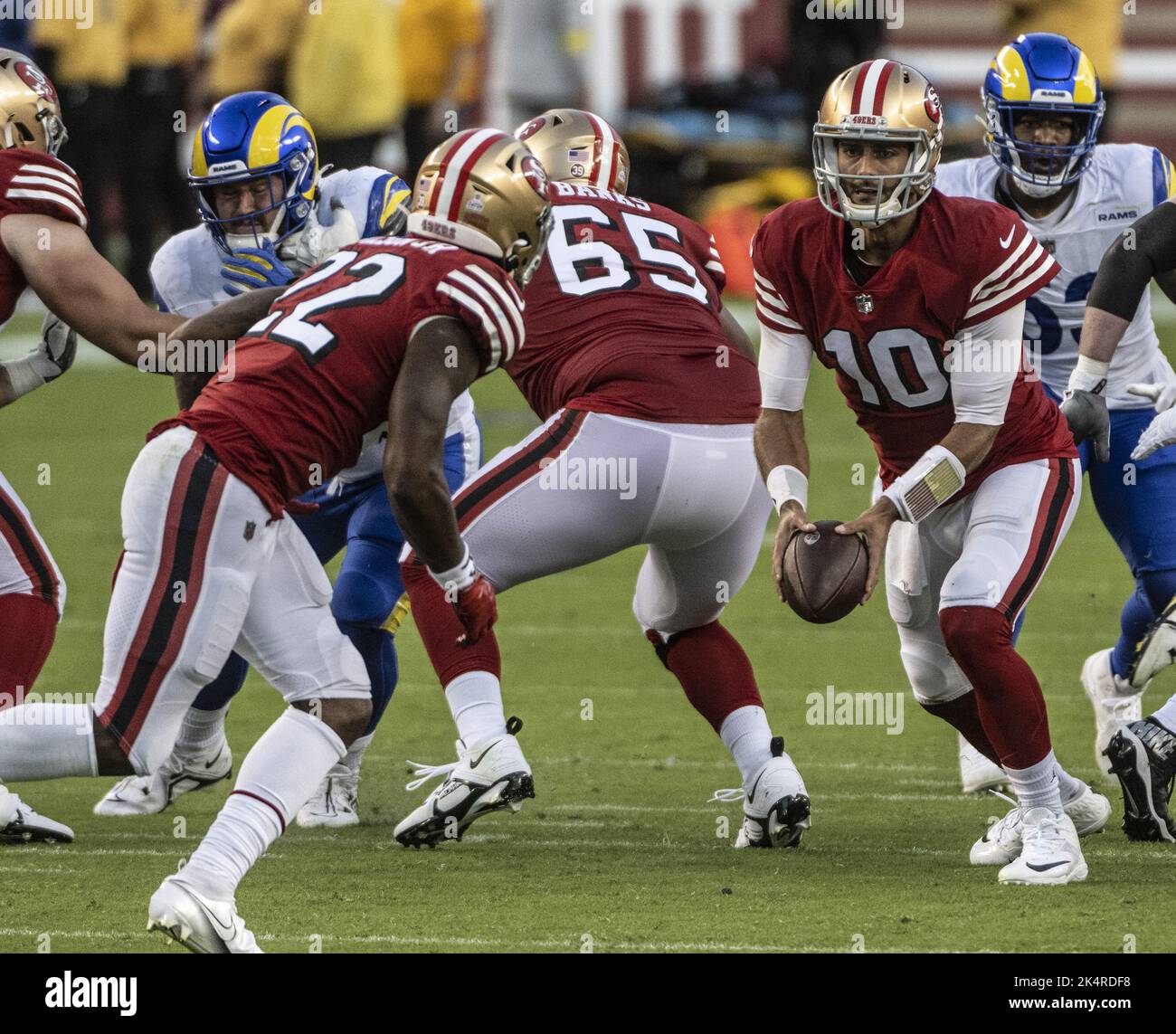 Santa Clara, United States. 15th Aug, 2021. San Francisco 49ers quarterback  Jimmy Garoppolo (10) looks at the scoreboard in the second quarter against  the Kansas City Chiefs at Levi's Stadium in Santa