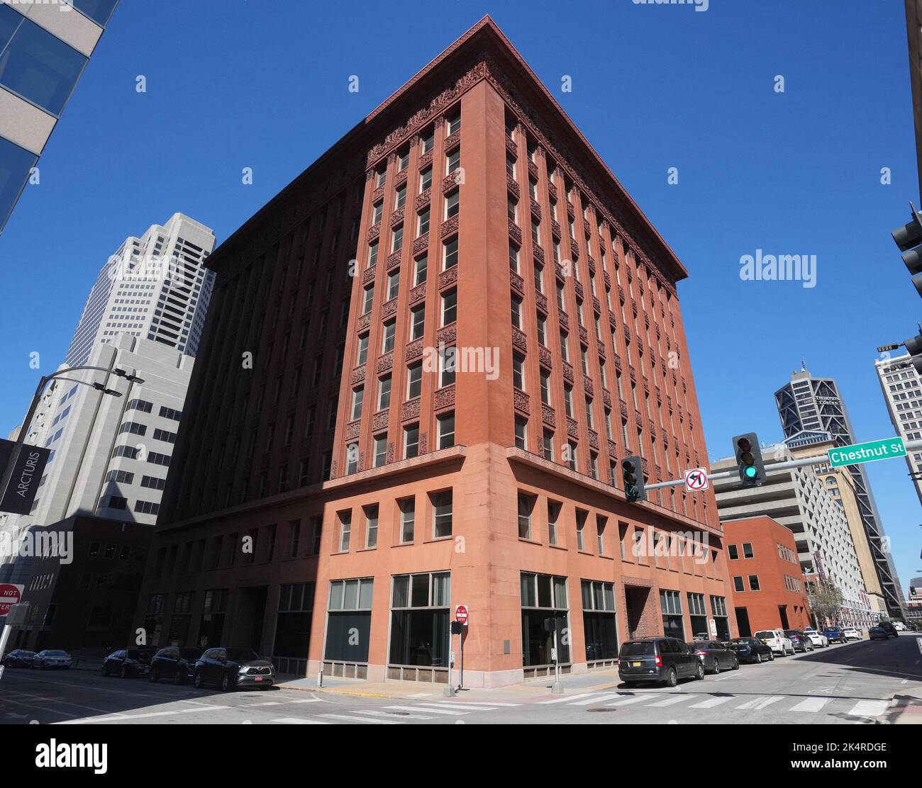 St. Louis, United States. 03rd July, 2022. The Wainwright State Office Building, a 10-story, terra cotta office building in downtown St. Louis, shown on World Architecture Day on October 3, 2022. The Wainwright Building is considered to be one of the first skyscrapers and was designed by Dankmar Adler and Louis Sullivan, built between 1890 and 1891. World Architecture Day was created in 1985 as a celebration of architecture. Photo by Bill Greenblatt/UPI Credit: UPI/Alamy Live News Stock Photo