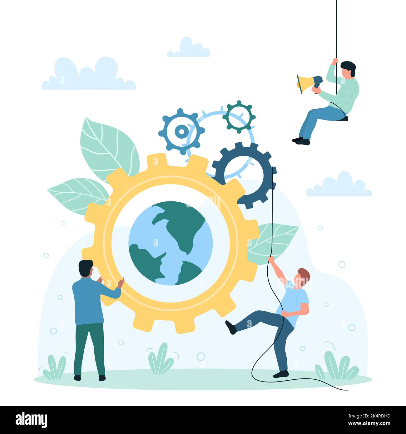 Global business communication, cooperation vector illustration. Cartoon tiny people moving mechanism with cogwheels, gears and globe inside, integrate modern technology in company organization Stock Vector