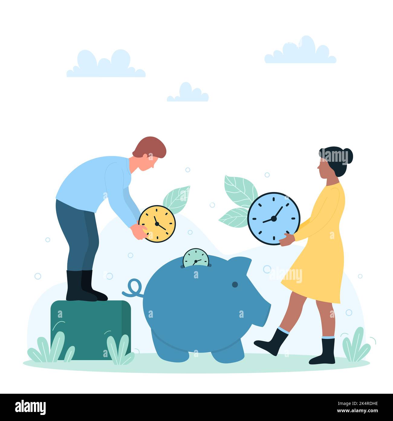 Time saving and control vector illustration. Cartoon rich tiny people throw clocks into piggy bank, make money and save time, efficiency of work hours of employees for future company development Stock Vector