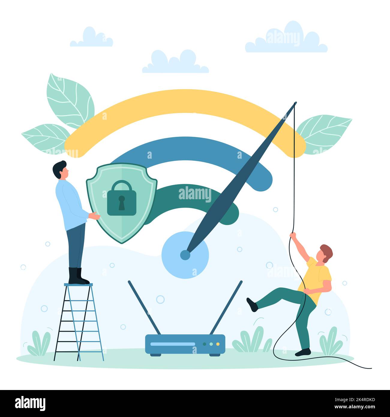 Fast wireless connection vector illustration. Cartoon tiny people holding internet security shield near router, pulling arrow on speed meter to reduce latency of WIFI signal and download data files Stock Vector