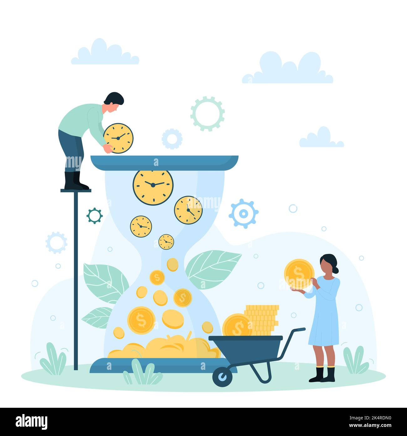 Money is time concept, success investment, strategy to maximize and multiply profit vector illustration. Cartoon rich tiny people throw clocks in hourglass, make golden dollar coins for wealth growth Stock Vector