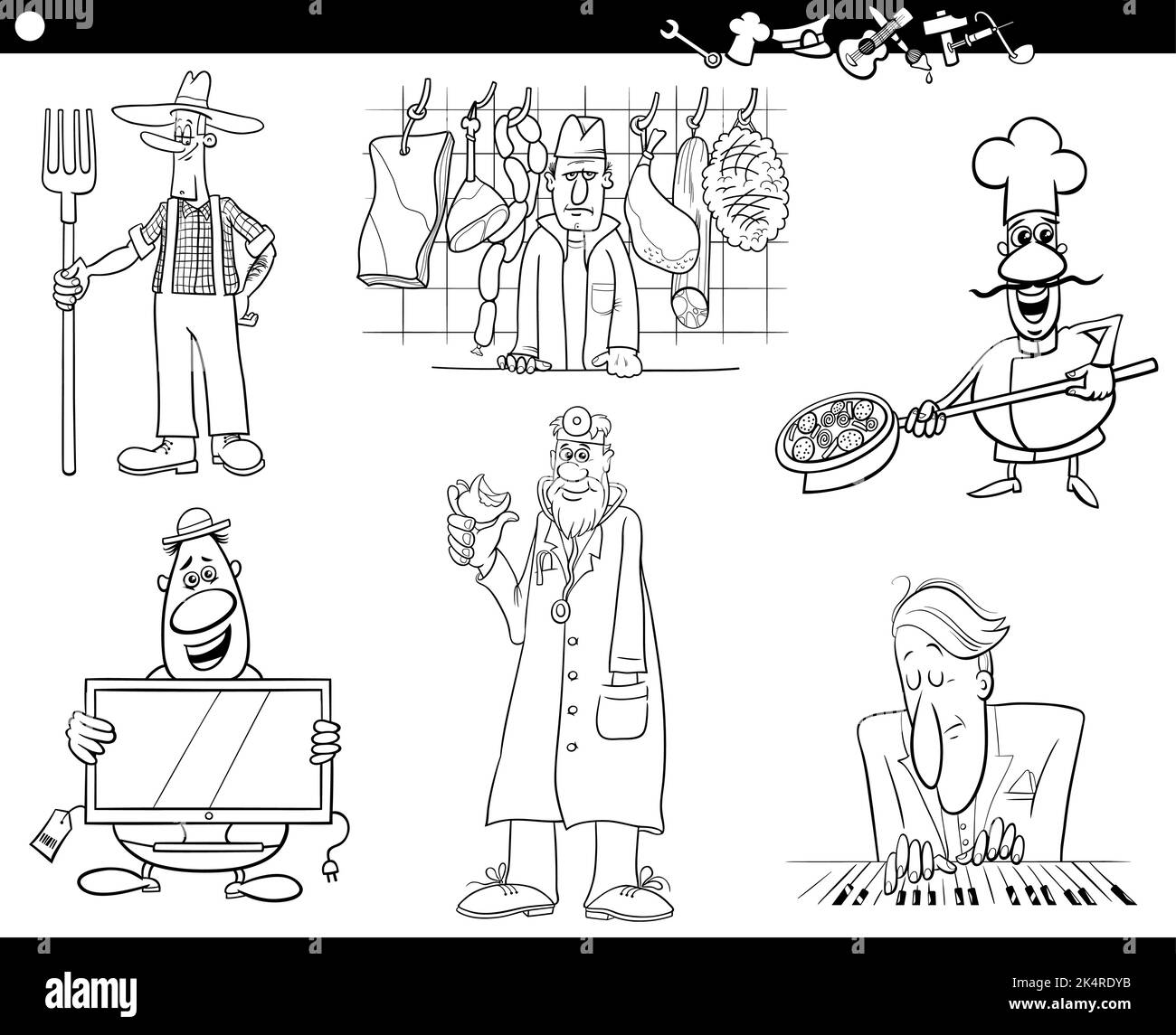 Black and white cartoon illustration of professional people occupations comic characters set coloring page Stock Vector