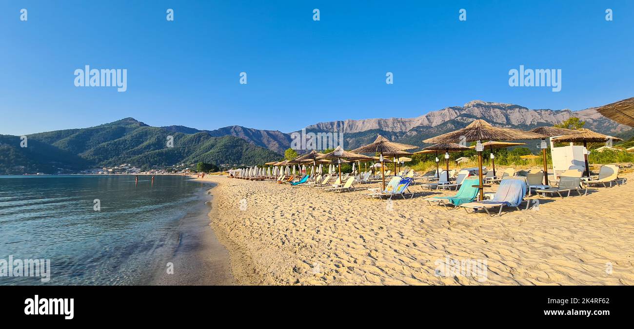 Thassos, Greece - August 19, 2022: Panorama with the Golden Beach (Skala Potamia) during a sunny summer morning. Stock Photo
