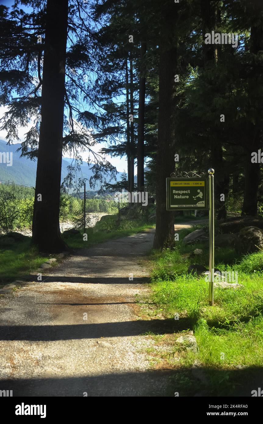 Respect Nature sign board in Van Vihar National Park in Manali, Himachal Pradesh, India Stock Photo