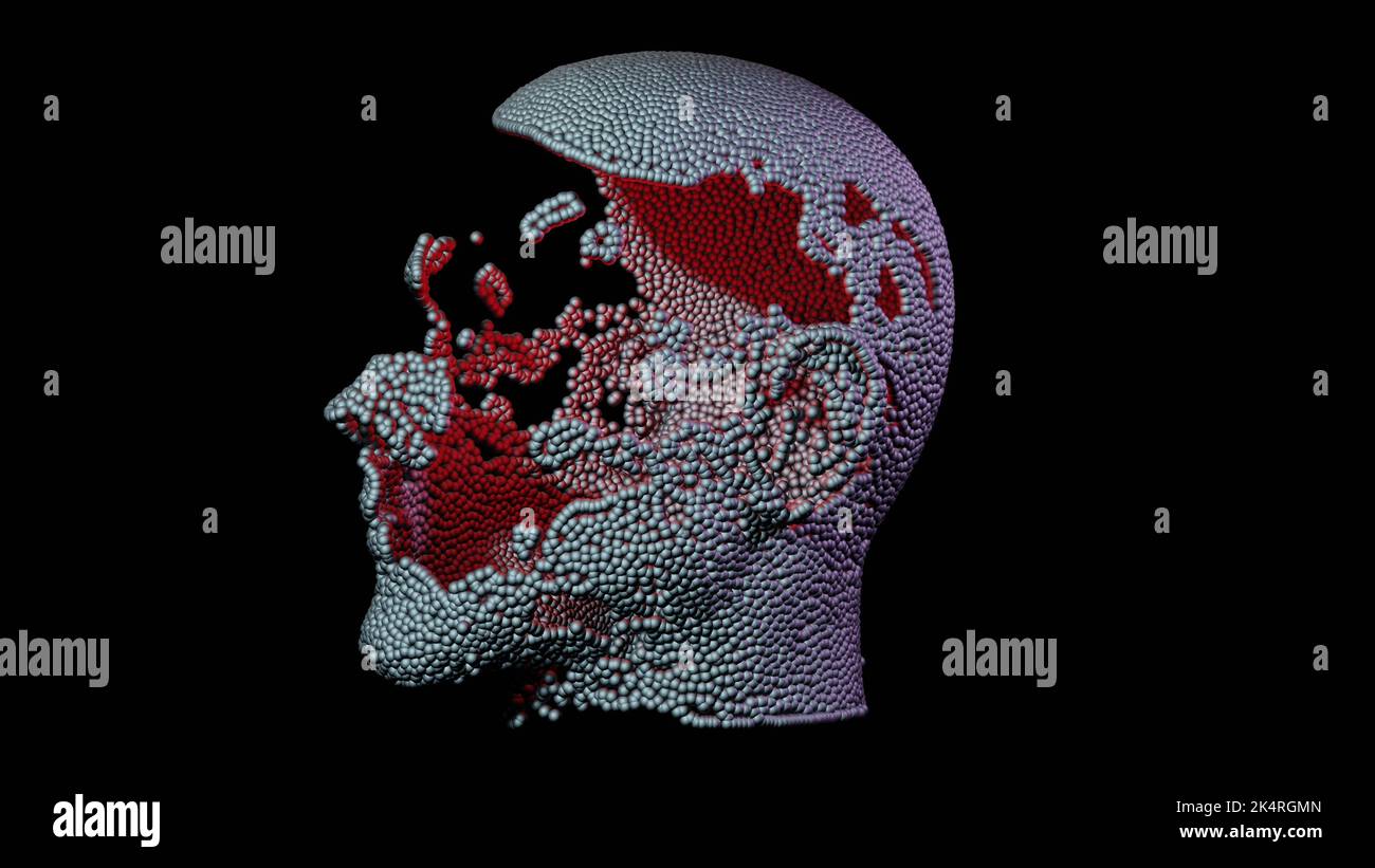 Programmable matter forming into a human head.  Programmable matter reforming its shape into human face.  3d rendering illustration View 3 Stock Photo