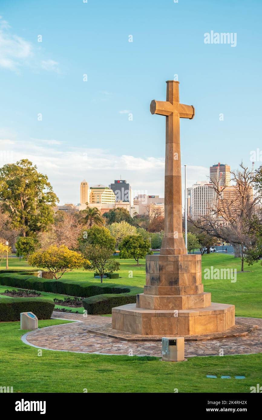 Adelaide, Australia - September 7, 2020: Cross of Sacrifice Memorial Gardens on a day viewed towards the city, North Adelaide, South Australia Stock Photo