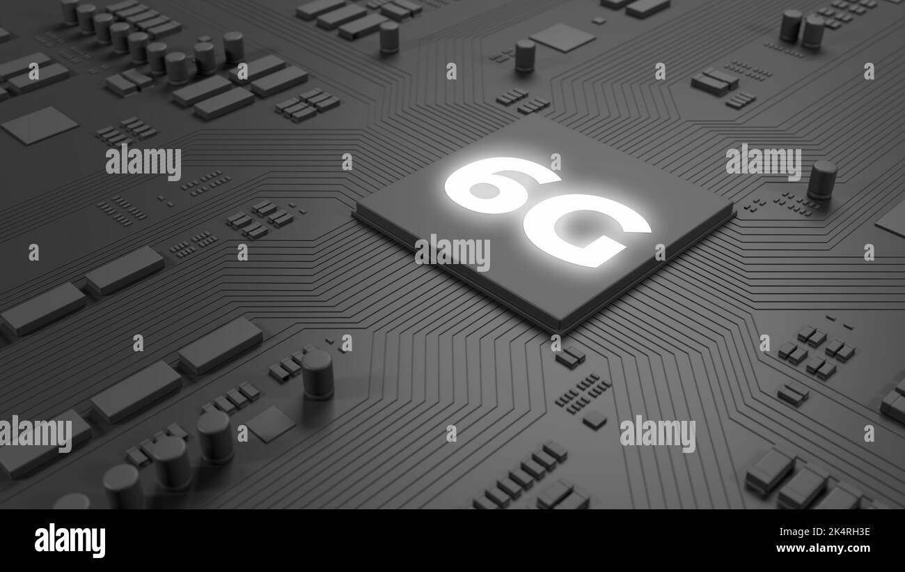 6G chip. Dark gray chip on circuit board. Technology background. 6g network. 3d illustration. Stock Photo