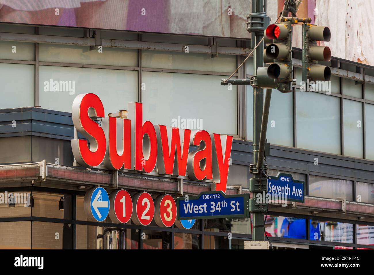 Subway lines sign at the entrance of a subway station in New York, USA Stock Photo