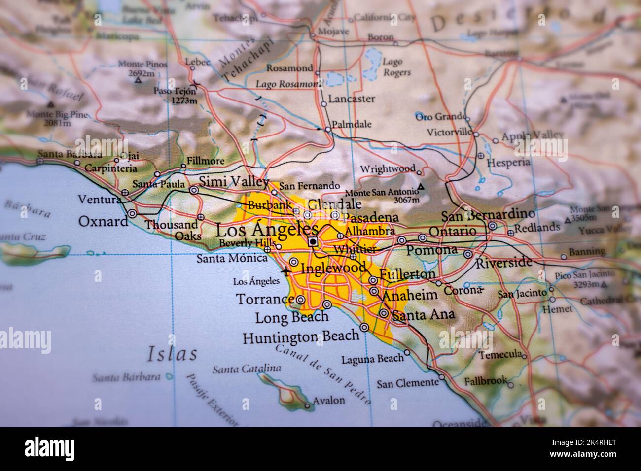 Los Ángeles marked on the map. Travel concept. Stock Photo