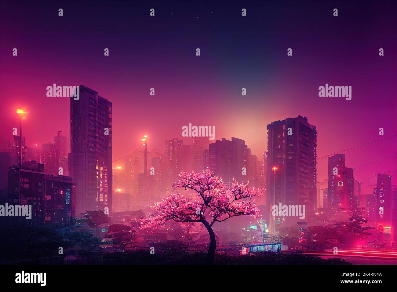 Fantasy Japanese night view city citycape, neon light, residential ...