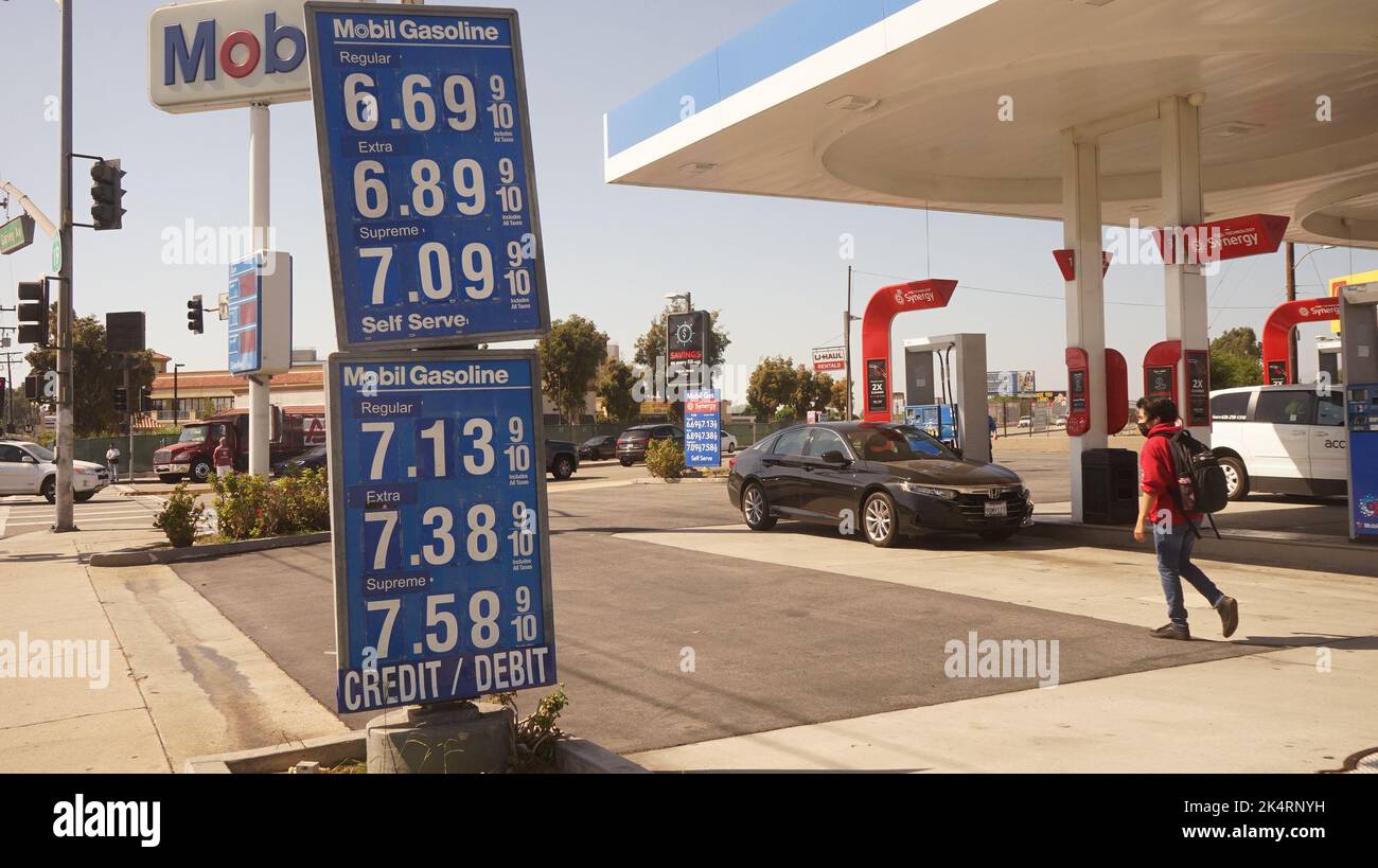 Los Angeles, USA. 3rd Oct, 2022. Price boards show gasoline prices at a