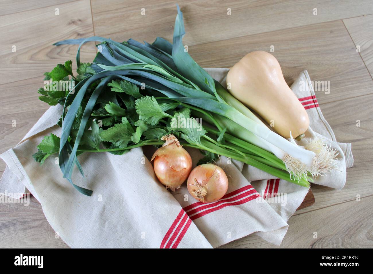 Légumes crus pour soupe, oignons, poireaux, celeri, potimarron, courge, préparation à la cuisine Stock Photo