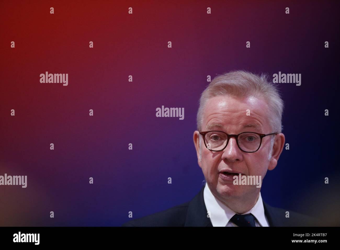 London, UK. 3 October, 2022. Conservative MP Michael Gove speaks during the Conservative Party's annual conference at the International Convention Centre in Birmingham. Picture date: Monday October 3, 2022. Credit: Isabel Infantes/Empics/Alamy Live News Stock Photo