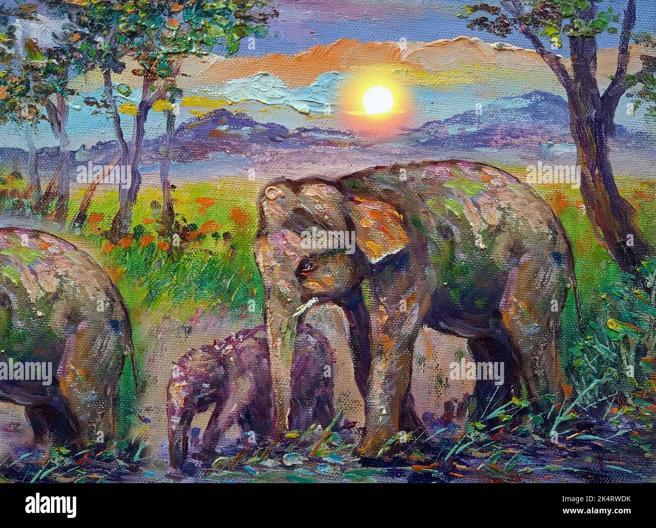 art painting Oil color thai elephant in forest Stock Photo