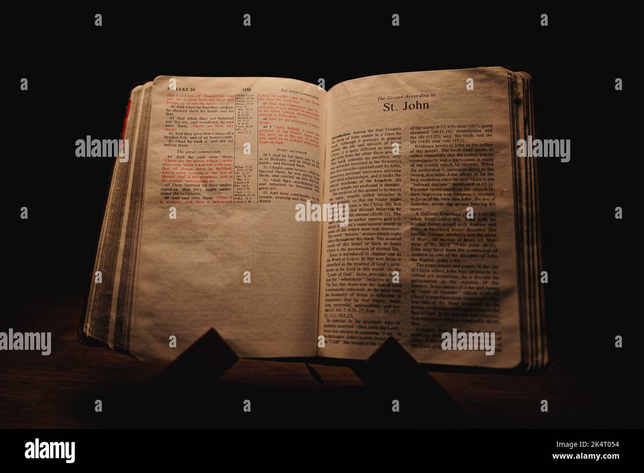 A closeup shot of a historic old Bible open on the St. John pages on ...