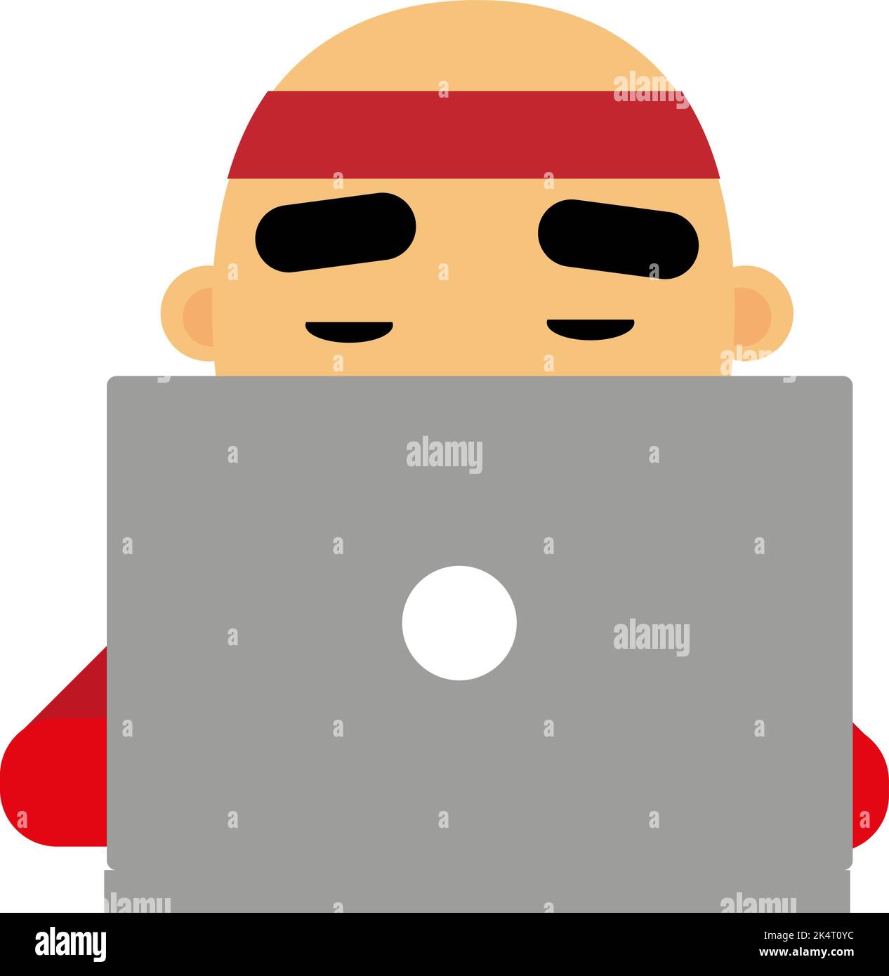 Man with grey laptop, illustration, vector on a white background. Stock Vector