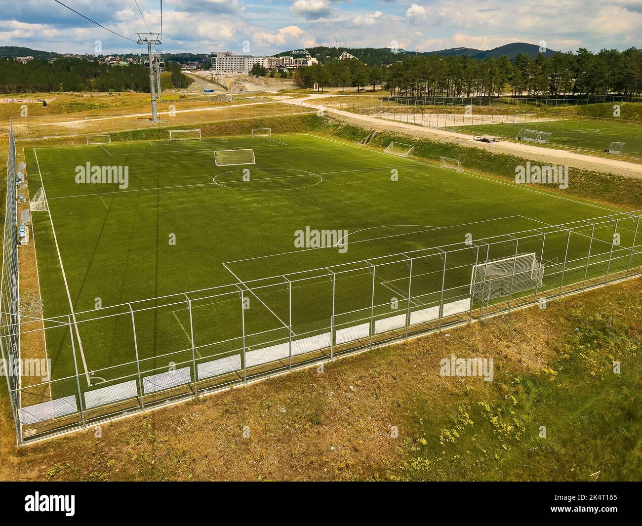 Aerial view of soccer field with goals for sport practice and training, high angle view Stock Photo