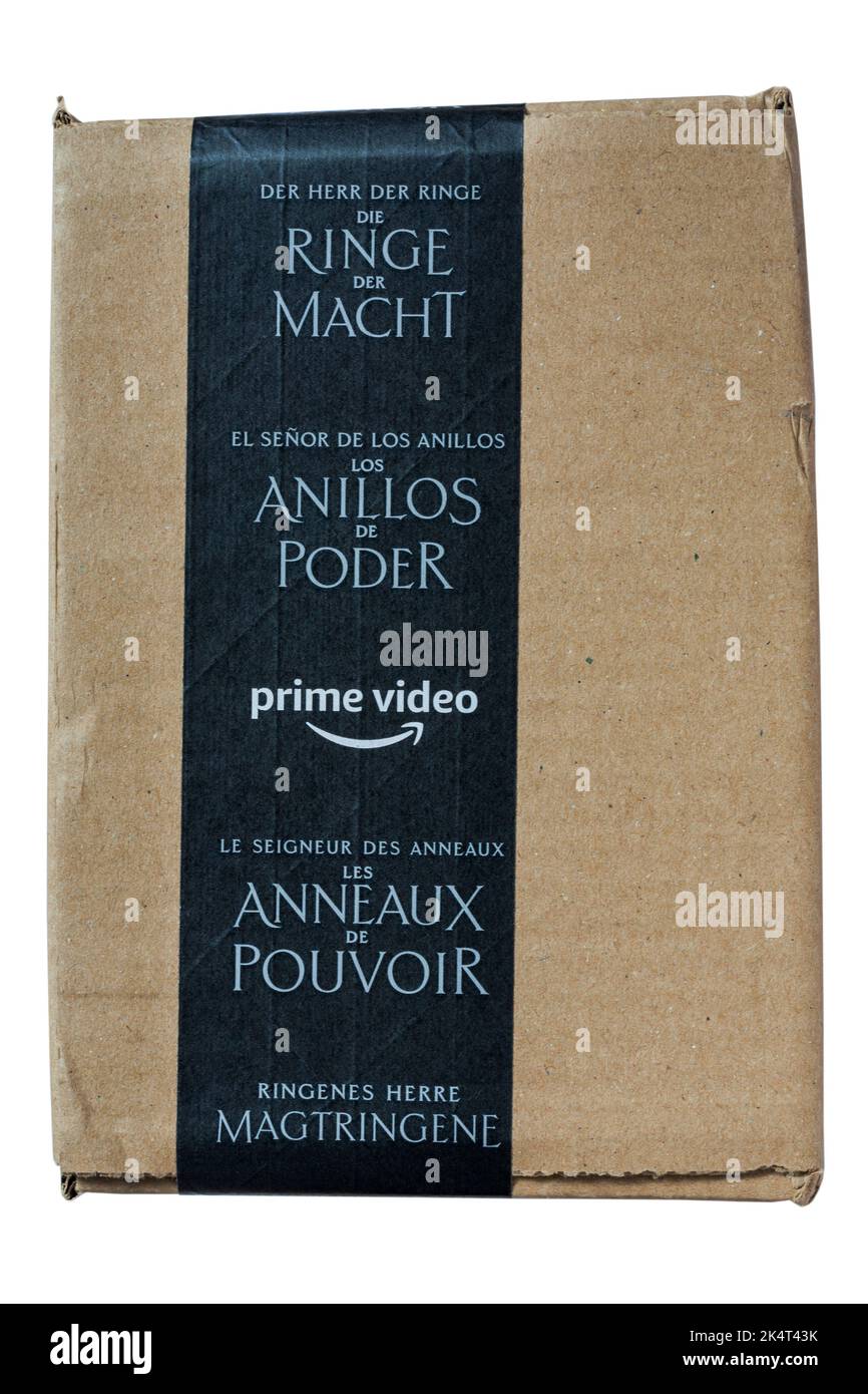 prime video The Lord of the Rings the Rings of Power tape in different languages on parcel from Amazon isolated on white background Stock Photo