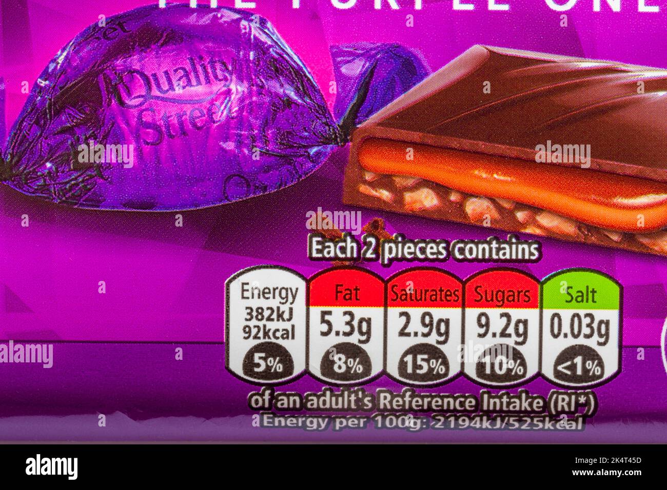 Nutritional information traffic light system labelling on Quality Street Favourites inspired by the Purple One chocolate bar from Nestle Stock Photo