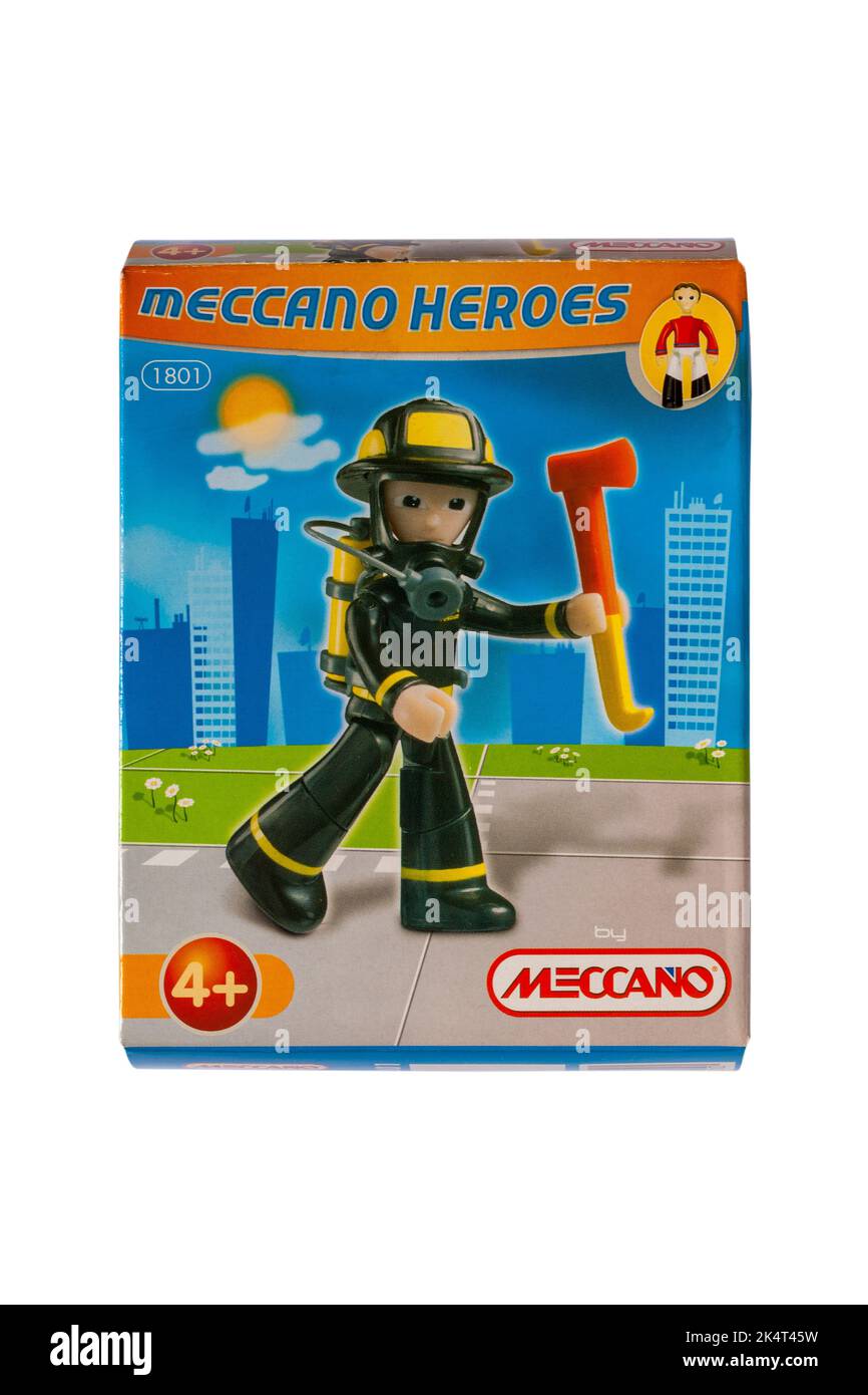Meccano Heroes Rescue Fire Fighter in box isolated on white background Stock Photo