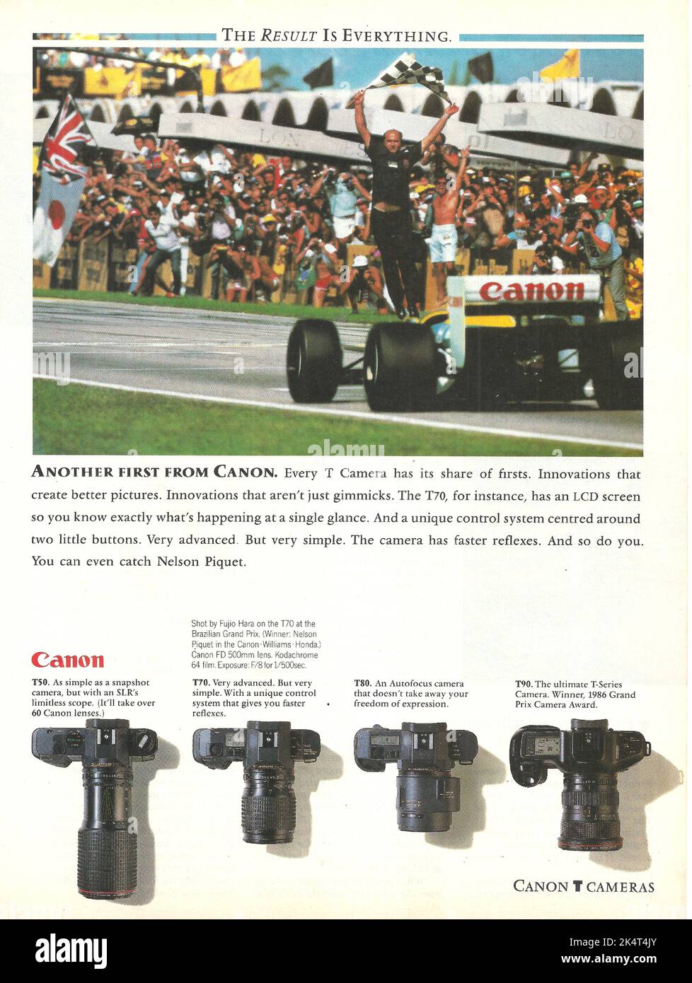 Canon camera Canon cameras advertisement Canon T50 Canon T70 Canon T80 Canon T90 magazine advert vintage paper advertisement Stock Photo