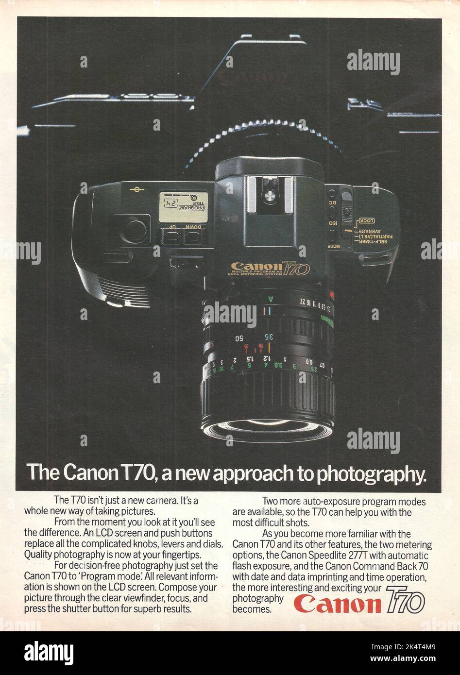 Canon T70 camera Canon camera magazine advertisement paper advert Stock Photo