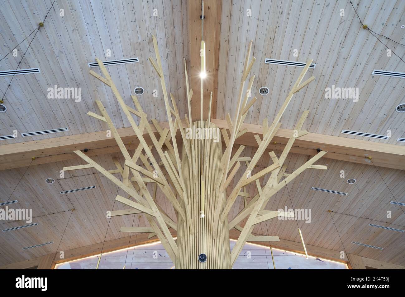 Creative wooden ceiling in the restaurant. Stock Photo