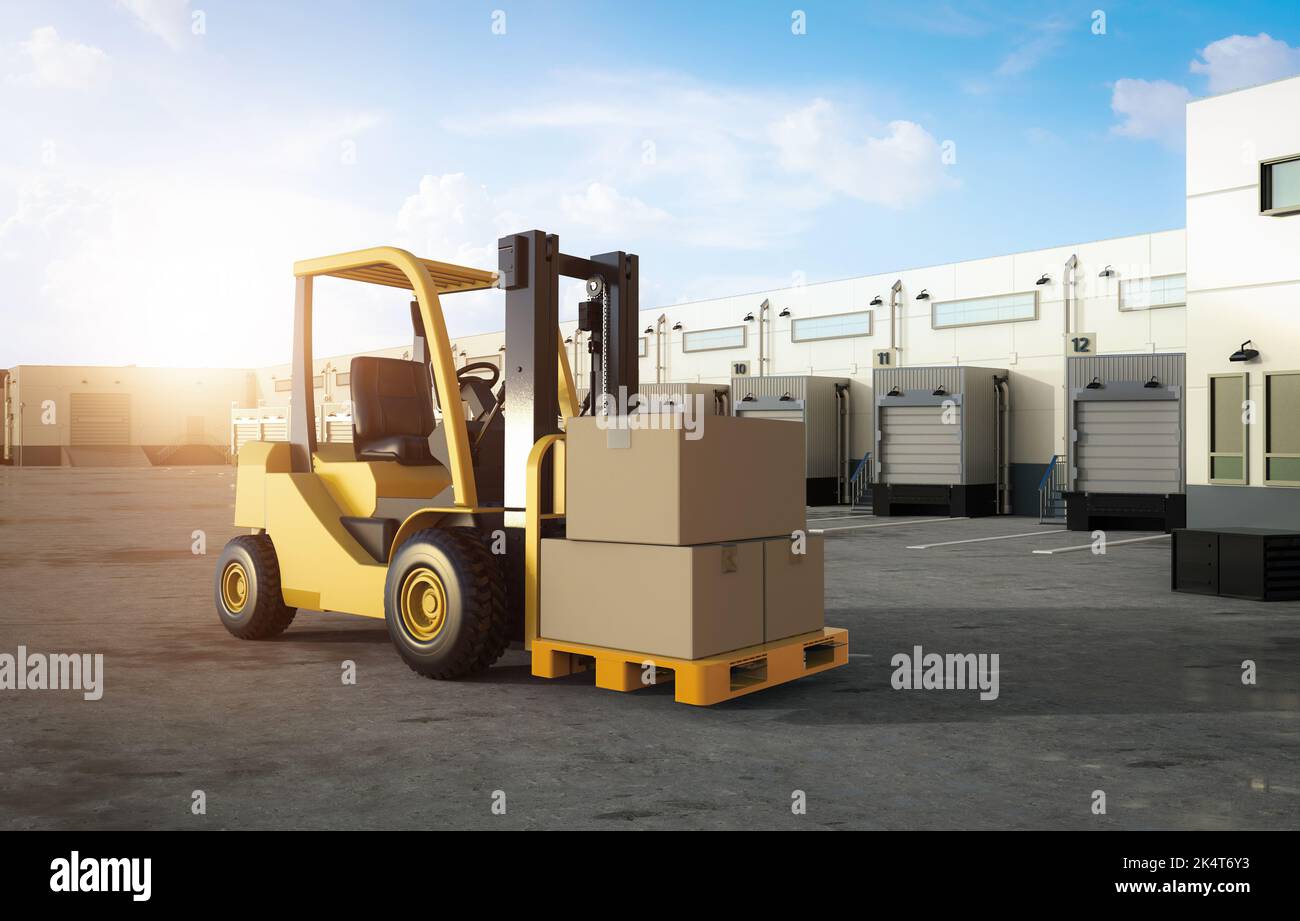 3d rendering forklift truck with cardboard boxes at warehouse Stock ...