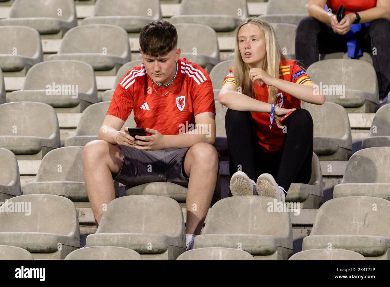 BRUSSELS, BELGIUM - 22 SEPTEMBER 2022: Wales Fans prior to the league A 2022 Nations League fixture against Belgium at the King Baudouin Stadium, Brus Stock Photo