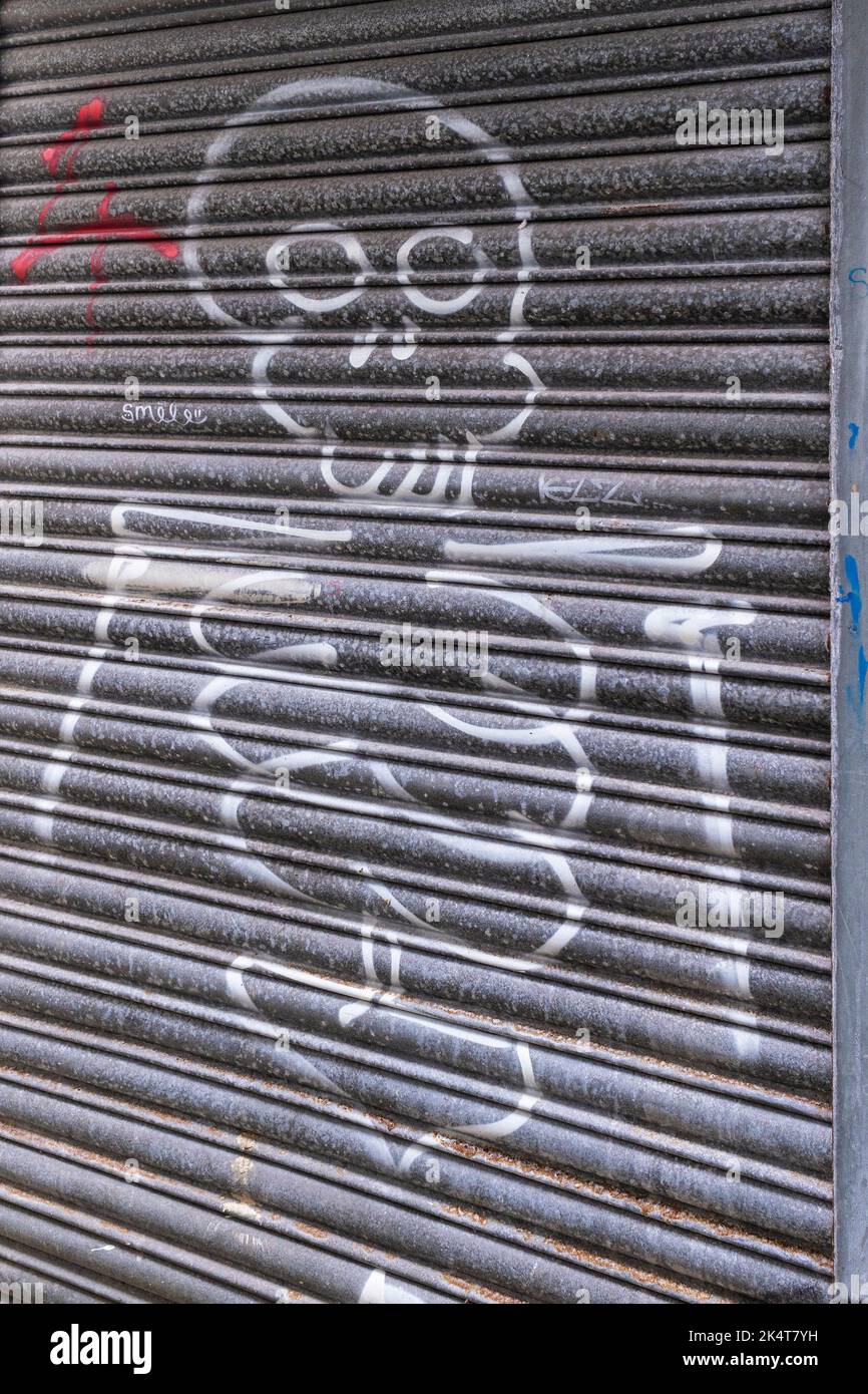 Ugly graffiti scrawled over a metal shutter in Roberts Ope an old