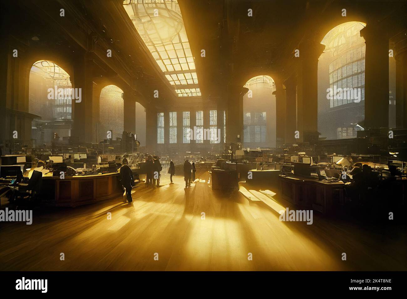 Interior of the American Stock Exchange of Wall Street of New York City in Lower Manhattan. Computers and screens to monitor the Stock Exchange Stock Photo