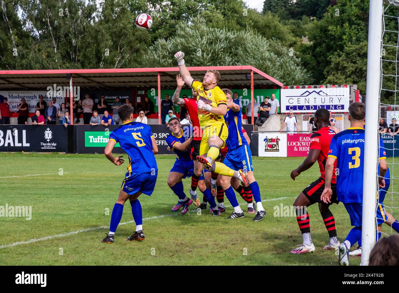 Sheffield FC worlds oldest football club play Glossop North End in the preliminary round of the 2022-23 FA Cup. Stock Photo