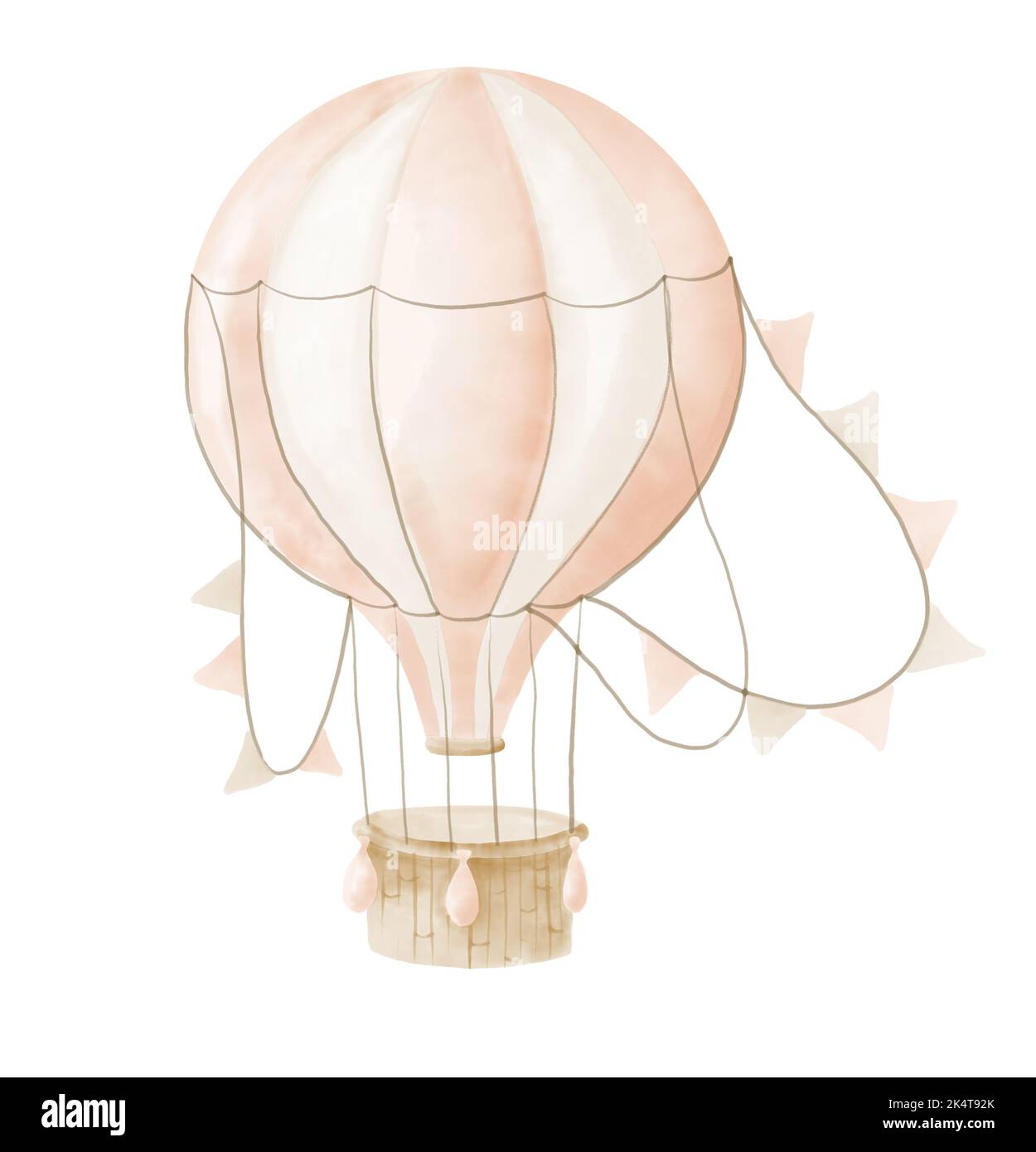 Watercolor pink hot Air Balloon with basket and pennants. Hand painted illustration for Children design in Cartoon style. Vintage Aircraft with Stock Photo