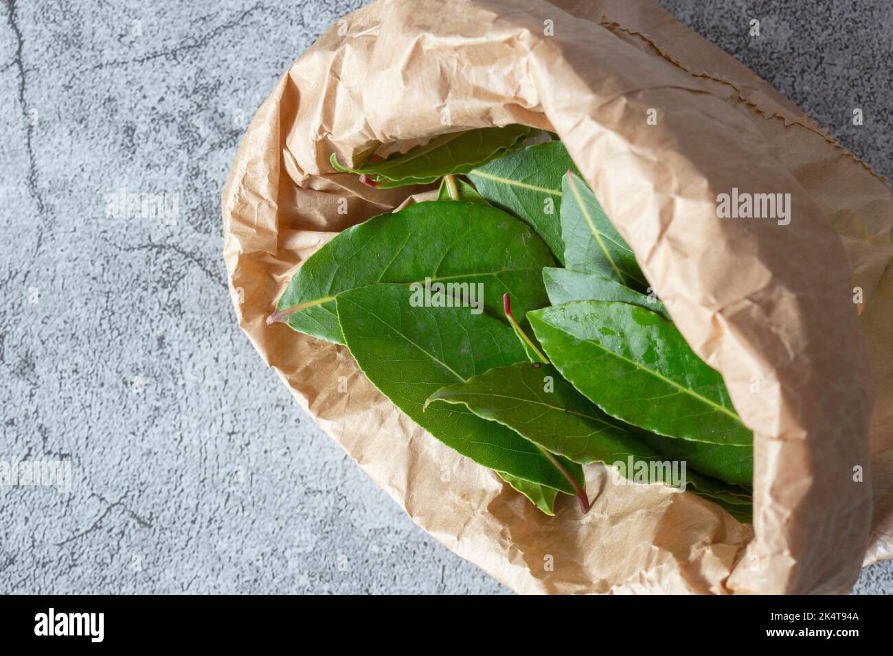 Bay leaves in a brown paper bag. Eco friendly recycle packaging Stock