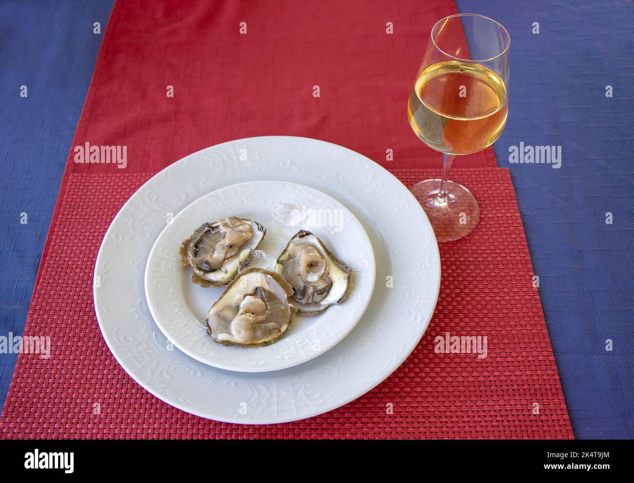 Oysters on a plate and a glass of white wine Stock Photo