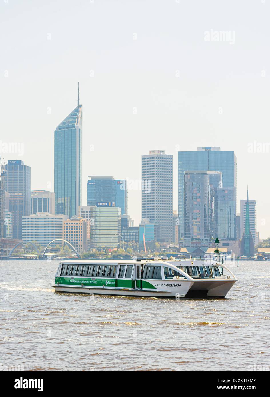 Smoke haze from prescribed burn off blanketed over Perth city CBD, a common event in Spring, every year in Western Australia Stock Photo