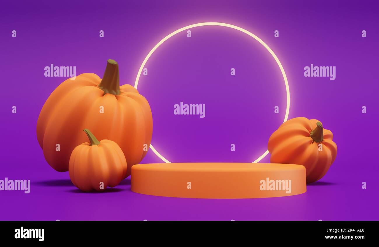 Halloween pumpkins with a neon glowing light against a purple background. 3D Rendering Stock Photo