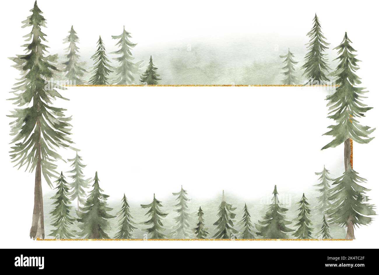Watercolor woodland frame illustration, forest background. Card