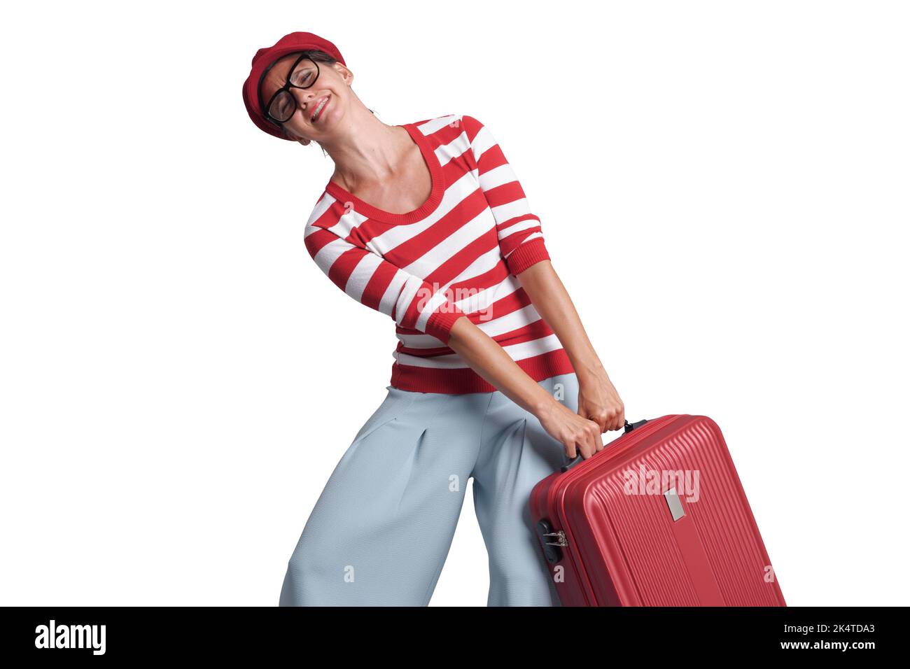 Frustrated woman traveling alone and carrying her heavy luggage, blank