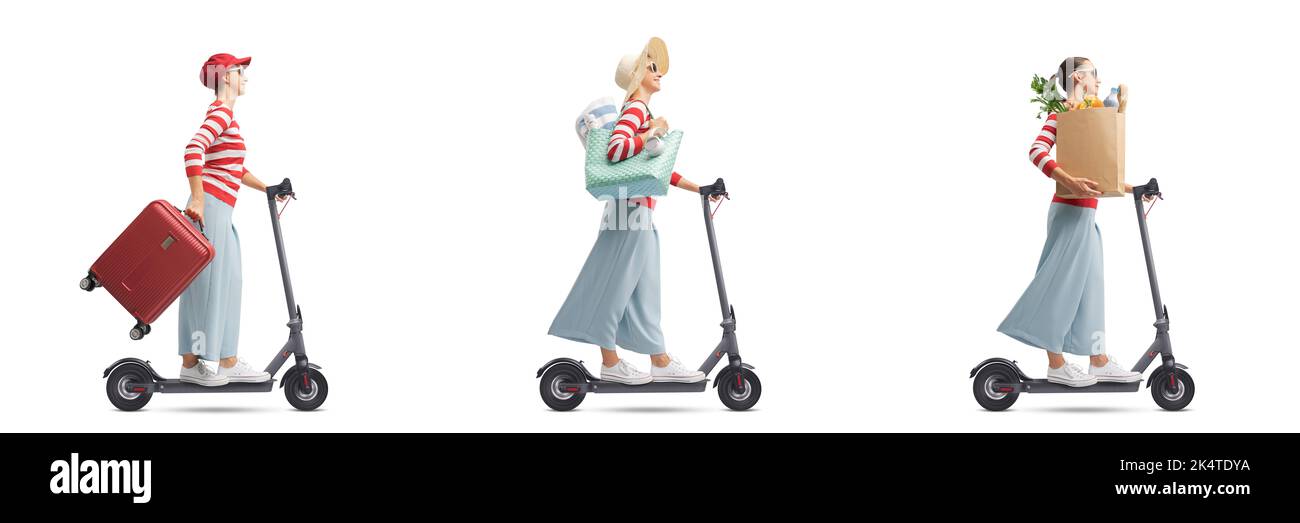 Woman riding an electric scooter, travel and grocery shopping; set of portraits isolated on