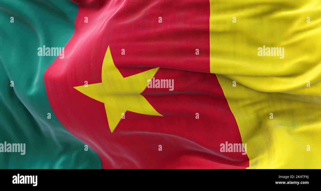 Close-up view of the Cameroon national flag waving in the wind. The Republic of Cameroon is a country in west-central Africa. Fabric textured backgrou Stock Photo