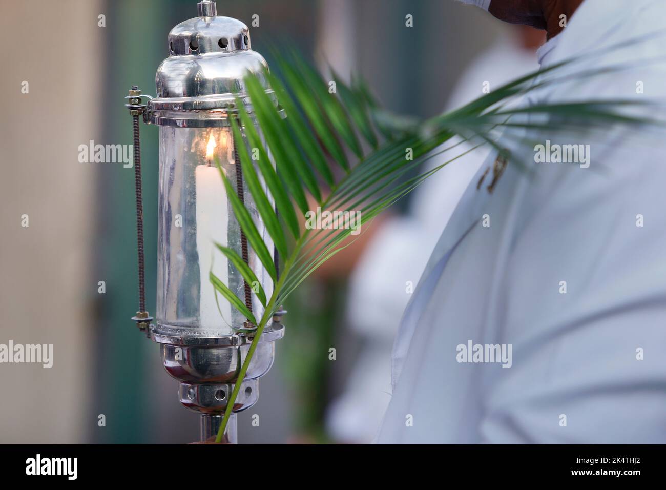 Holy Week. Candle holder and branch. Traditional Catholic celebration Palm Sunday. Christian