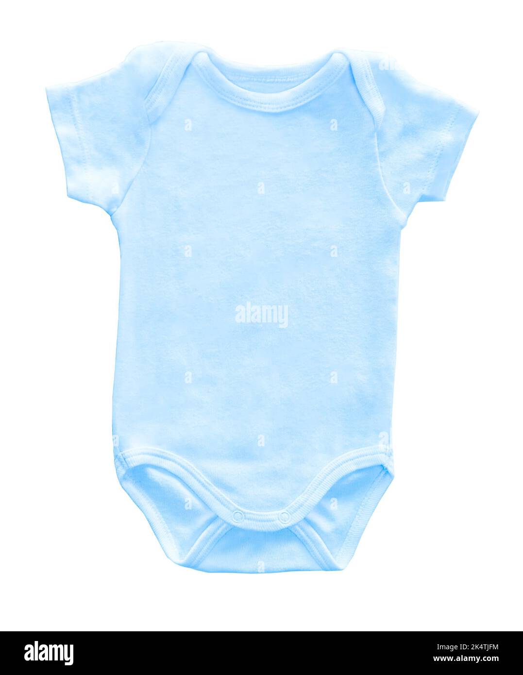 Mockup of blank blue baby bodysuit for boy white background. Layout mock up ready for your design preview. Newborn clothing Mock-up for logo design pr Stock Photo