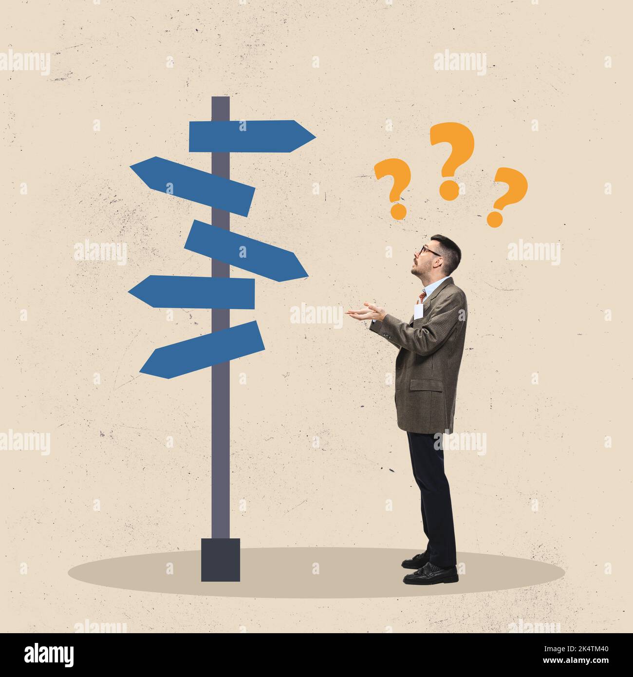Difficult choice. Creative art collage or design. Office worker standing near road sign and has question mark at his mind, head. Rights, achievements Stock Photo