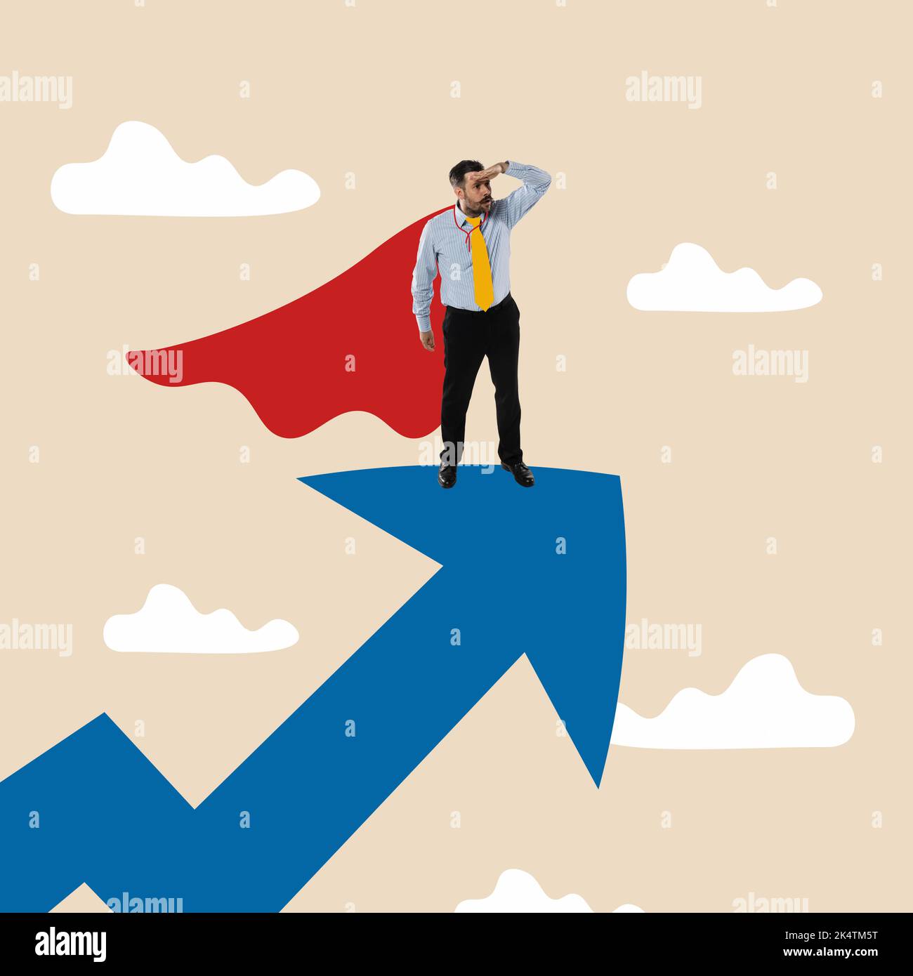 Businessman as superhero with powerful red cape standing on growth